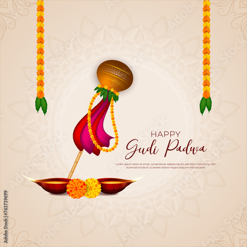 Happy gudi padwa vector festive illustration. Hindu New Year celebration for Marathas and Konkani Gudi Padwa. design graphics for posters, posters, flyers, offers, booklets, cards. 