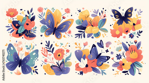 A delightful assortment of colorful cartoon butterflies with playful patterns, perfect for cheerful illustration designs on white background