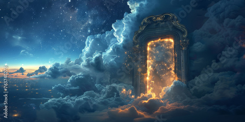 An open doorway floating amidst fluffy cumulus clouds in the sky, creating a surreal and fascinating sight