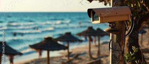 A security camera mounted on a wooden pole surveys a bustling beach scene, ensuring safety among beachgoers