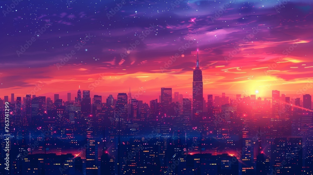 Fototapeta premium Skyline: A panoramic view of a city skyline at dusk, with the lights of the buildings and skyscrapers