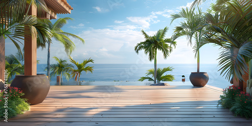 A deck overlooking the ocean with palm trees in the background.