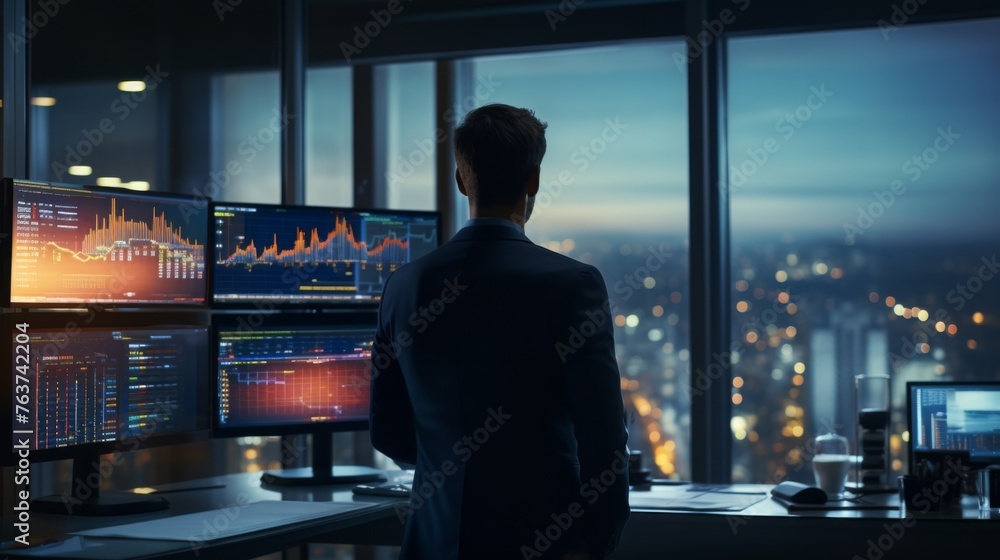 Trader analyzing financial data on multiple screens Trader analyzing financial data on multiple screens