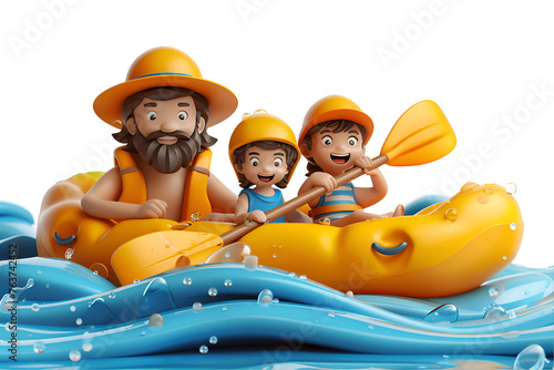 A joyful 3D animated cartoon render of a happy family kayaking together. © Render John