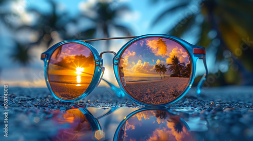 Tropical Sunset And Reflection On Cool Sunglasses