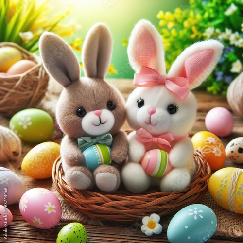 two happy baby bunnies, gray and white, eggs, Easter, 3D