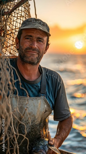 Gazing at a fiery sunset over the ocean, a pensive fisherman in a straw hat reflects on the day's work, with a basket of freshly caught fish by his side.