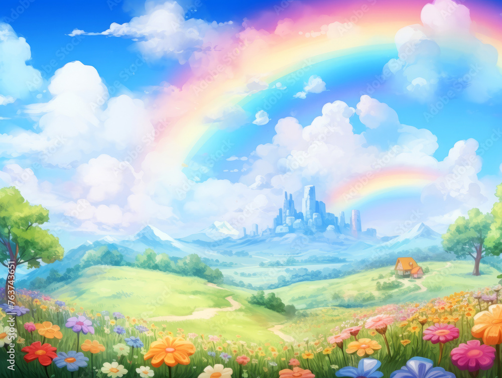 Fototapeta premium Idyllic watercolor countryside scene with a vibrant rainbow over a meadow leading to a distant city