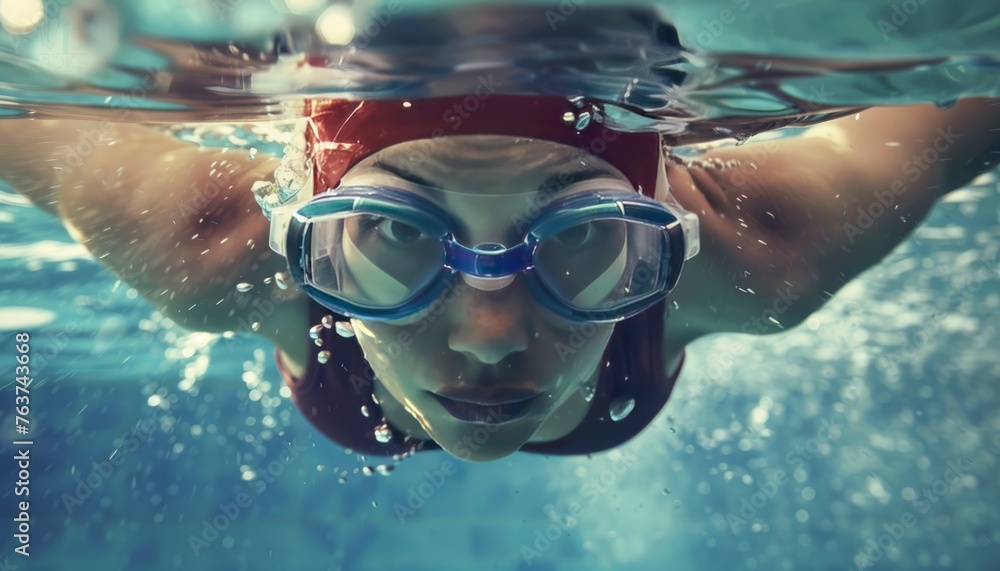 Professional Female swimming Athlete in action front angle view under and over water, aerobic swimmer, proudly represent and wearing the United States flag pattern on head covering and swim goggles