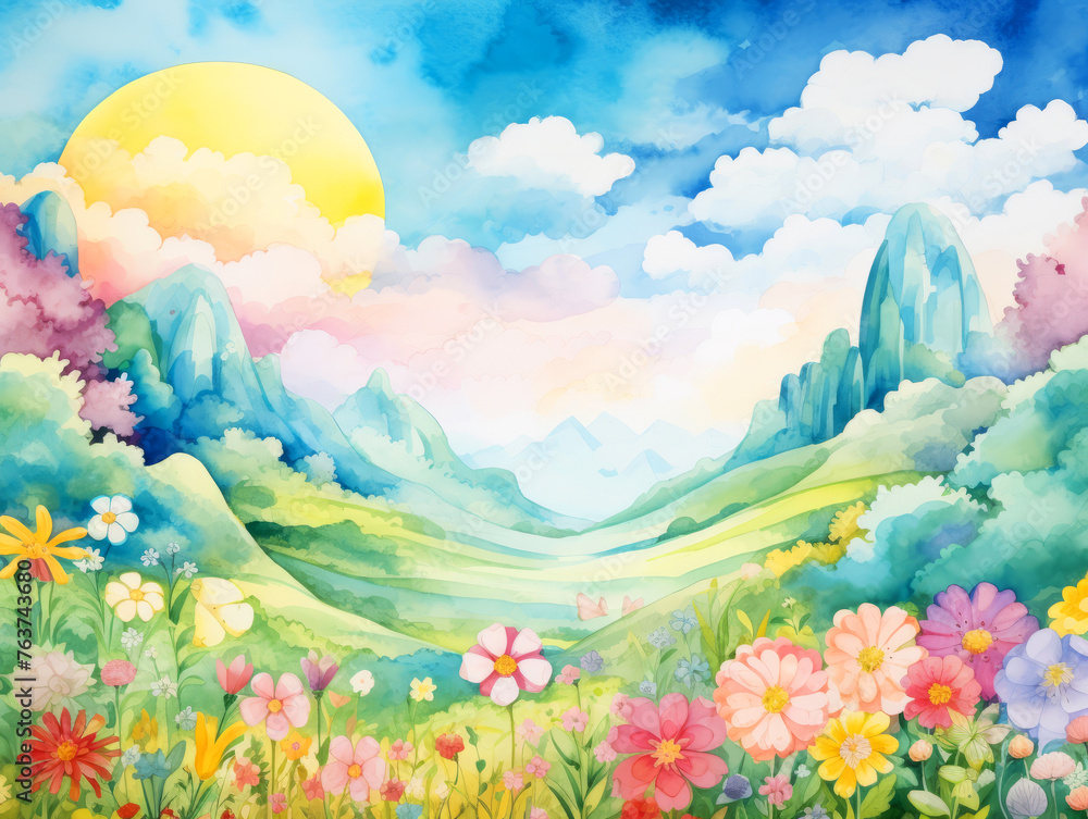 Watercolor garden at sunrise with a soft yellow sun peeking over lush mountains and blooming flowers