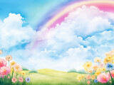 Whimsical watercolor illustration of a lush landscape with a rainbow, clouds, and a field of vibrant flowers