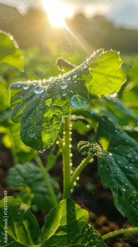 The garden is illuminated by the sunrise, casting a warm glow on the lush green leaves adorned with glistening morning dewdrops.