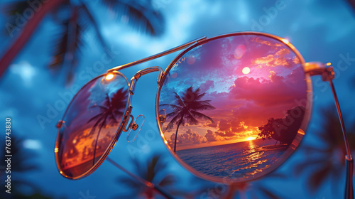 Elegant Sunglasses Mirroring Dawn Skies Over Tranquil Ocean © oxart_studio