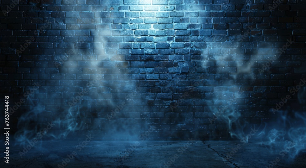 Mysterious blue brick wall enveloped in fog, illuminated by a glowing spotlight, creating an eerie ambiance. - obrazy, fototapety, plakaty 