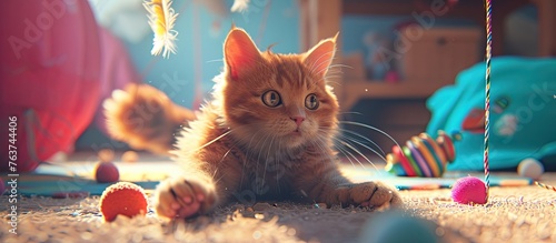 A playful cat romps with toys, pure joy in a colorful room. Paws reach eagerly for feathers and balls in a lively dance! 🐾😺 #PlayfulKitty photo