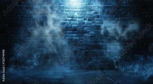Mysterious blue brick wall enveloped in fog  illuminated by a glowing spotlight  creating an eerie ambiance.