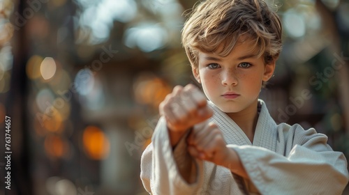 young boy in a white kimono practices Jiu-Jitsu, executing a powerful punch technique