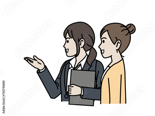 お客に案内や説明する女性会社員のイラスト
