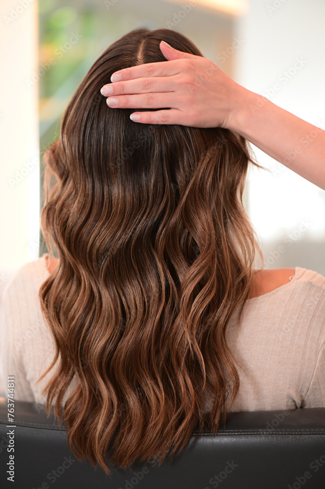 Naklejka premium Elegant Woman Touching Healthy Wavy Brown Hair