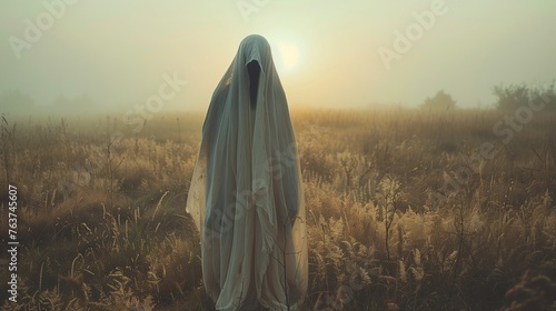 Spooky ghost sighting: figure draped in white sheet, haunting atmosphere, eerie presence felt nearby photo
