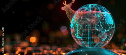A lifelike holographic anoa atop the globe, urging conservation for rare animals. Vibrant colors and symbolic imagery convey global responsibility. 🌍🦏 #ProtectWildlife