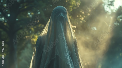 Spooky ghost sighting: figure draped in white sheet, haunting atmosphere, eerie presence felt nearby