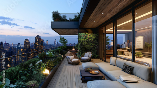 Modern Terrace with City Skyline View at Twilight
