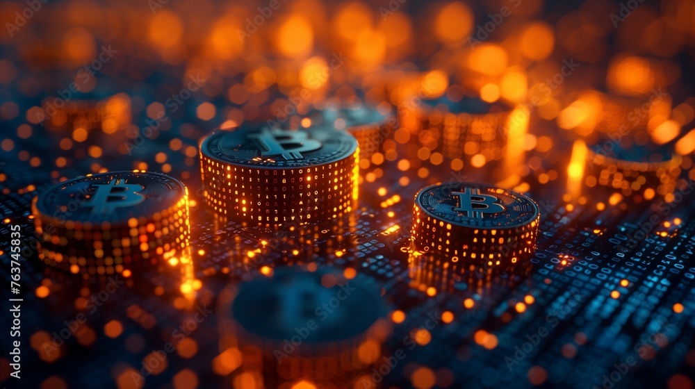 Bitcoin BTC golden coins atop a chart, illustrating blockchain technology and the concept of bitcoin mining Bitcoin BTC golden coins atop a chart, illustrating blockchain technology and the concept of bitcoin mining