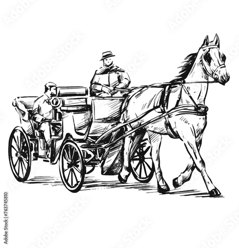 Original hand draw of a horse and carriage with a man in the back
