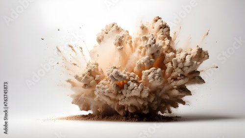 An explosion of dry earth isolated on a white background.An eruption of abstract dust on a white background. photo