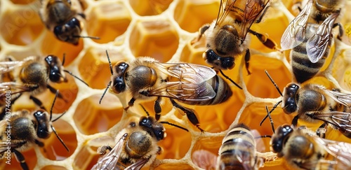 The queen marked with dot and bee workers around her - bee colony life