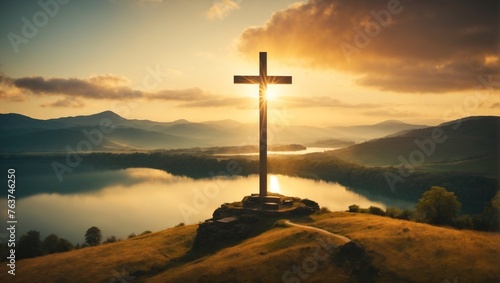 Holy cross symbolizing the death and resurrection of jesus christ with dramatic sky view © gfxsunny