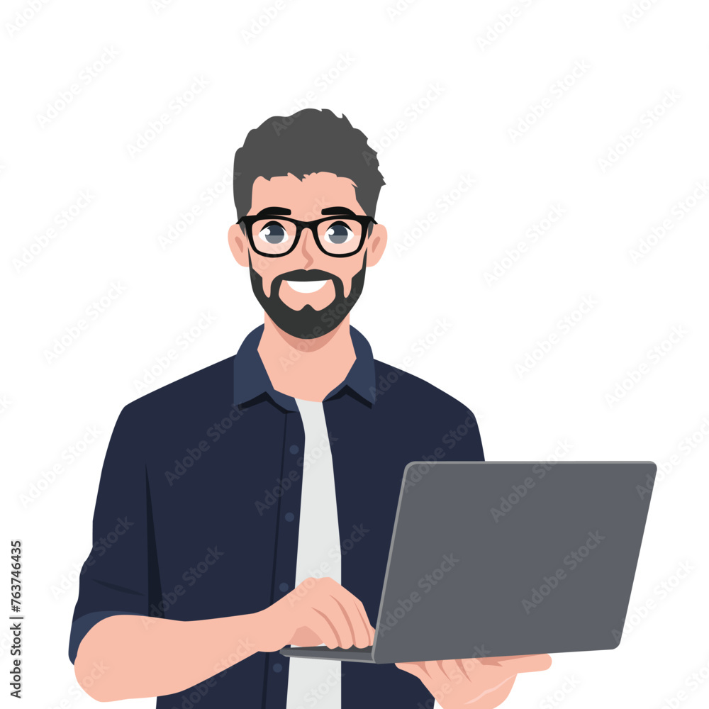 Young business man holding a laptop computer. Flat Vector Illustration Isolated on White Background Young business man holding a laptop computer. Flat Vector Illustration Isolated on White Background