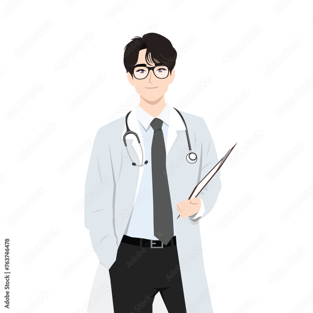 Young Man Doctor or Physician in Uniform Standing with Clipboard and Stethoscope. Flat Vector Illustration Isolated on White Background Young Man Doctor or Physician in Uniform Standing with Clipboard and Stethoscope. Flat Vector Illustration Isolated on White Background