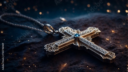A delicate christian cross crafted from intricate silver filigree suspended in a starry night sky