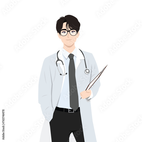 Young Man Doctor or Physician in Uniform Standing with Clipboard and Stethoscope. Flat Vector Illustration Isolated on White Background