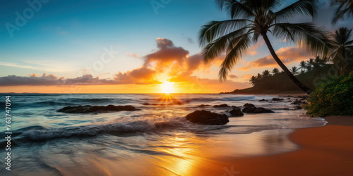 Serene Sunset at the Exotic Palm Beach: A Breathtaking Coastal Landscape with Vibrant Orange Sky, Silhouette of Palm Trees, and Gentle Waves in the Majestic Blue Ocean.