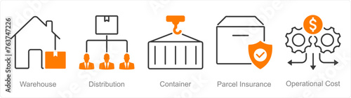 A set of 5 Logistics icons as warehouse, distribution, container, parcel insurance