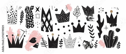 Black and white vintage crowns with halftone effect. Elements for collage. Dadaist style. Modern trendy illustration.