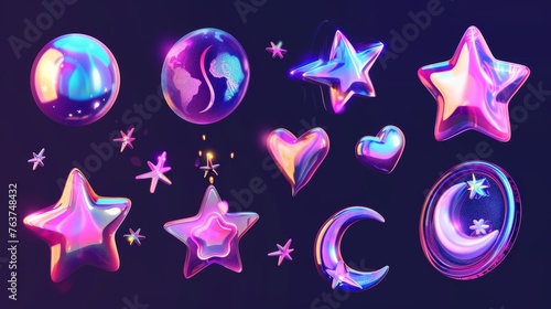 A futuristic y2k illustration with 3d chrome stars and planets. The three dimensional modern image includes falling stars, planets, bling, spark, moon, and hearts. photo