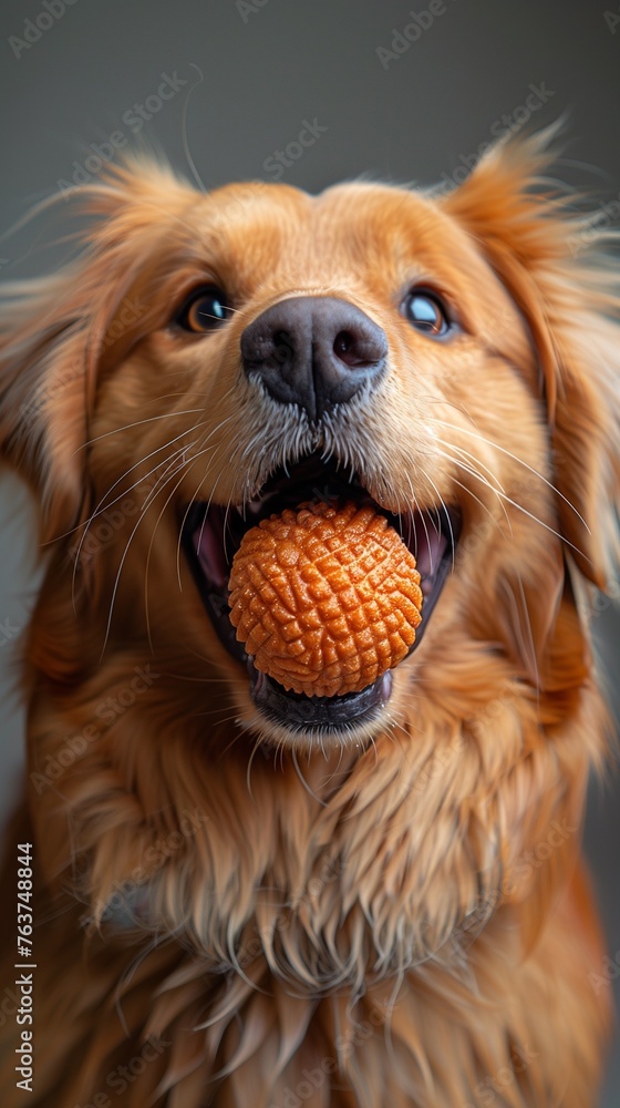 Cheerful pup joyfully engages with bone or ball toy, showcasing playful energy and contentment