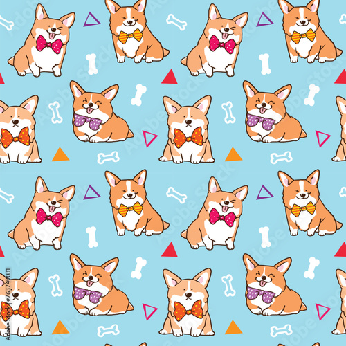 Seamless Pattern with Cute Cartoon Corgi Dog Design on Blue Background