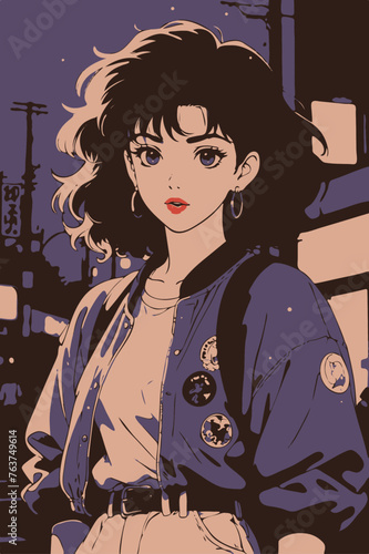 90's anime style, ultra detailed illustration of a beautiful adult woman with messy hair wearing 1990 clothing, woman illustration, vector art, manga style, beautiful anime girl 