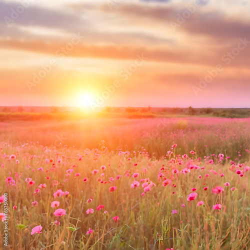 Soft focus sunset field landscape of pink flower . Generating AI