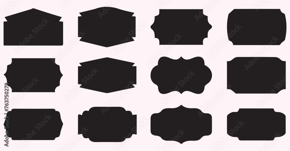 Geometric shapes black silhouette icon set. Outline cartoon abstract blank template for speech bubble, message balloon, text note badge, price tag, paper memory sticker, think cloud frame, web banner - obrazy, fototapety, plakaty 