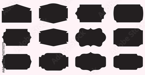 Geometric shapes black silhouette icon set. Outline cartoon abstract blank template for speech bubble, message balloon, text note badge, price tag, paper memory sticker, think cloud frame, web banner photo