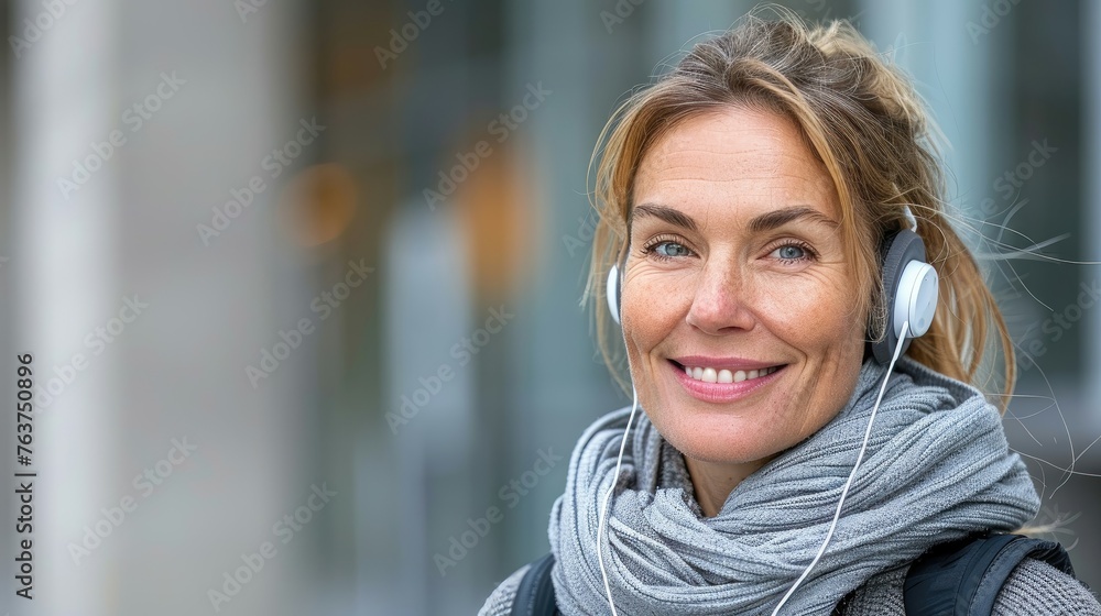 Fototapeta premium Mature woman with headphones smiling in urban setting.