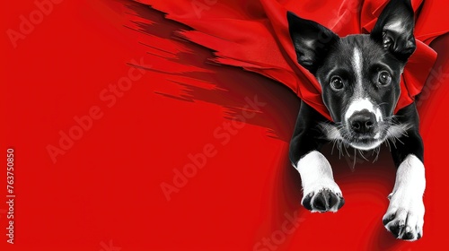 Black and white dog in a flowing red cape on red. photo