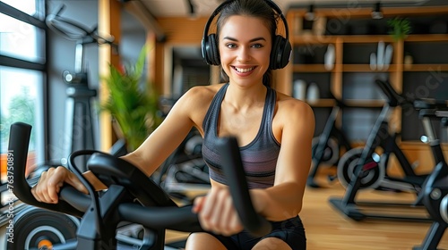 Smiling woman using an exercise bike at the gym.
