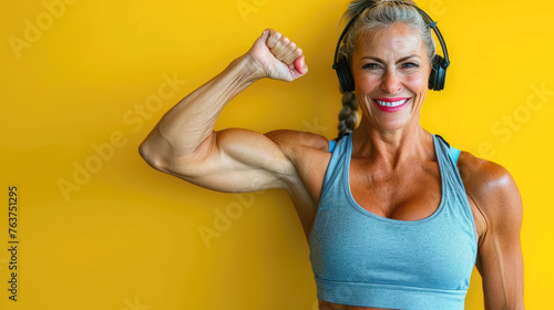 Muscular mature woman flexing with headphones.